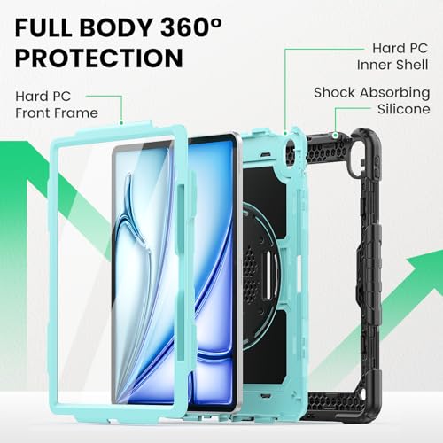 Image of SEYMAC for iPad Air 13 Inch Case M4 / M3 / M2 (2026 /2025 / 2024), Heavy Duty Shockproof Protective Case with Screen Protector, 360 Rotating Stand, Hand /Shoulder Strap and Pen Holder, Light Blue