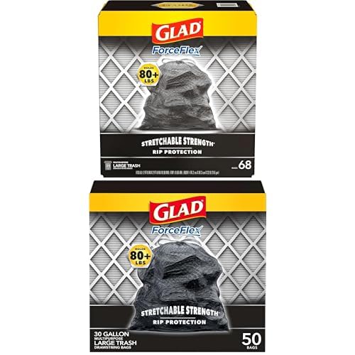 Image of Glad Trash Bags, ForceFlex Large Garbage Bags‚ 30 Gallon Black‚ 68 Count + ForceFlexPlus Drawstring Large Garbage Bags, Heavy Duty Trash Bags - 30 Gallon Large, 50 Count (Bundle)