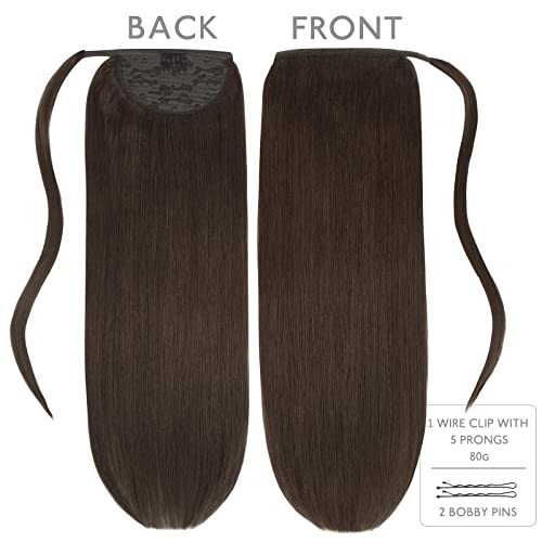 Image of WENNALIFE Ponytail Hair Extension, 14 Inch 75g Light Dark Brown Ponytail Extension Human Hair Clip in Wrap Around Remy Human Hair Extension Hairpieces Real Human Hair