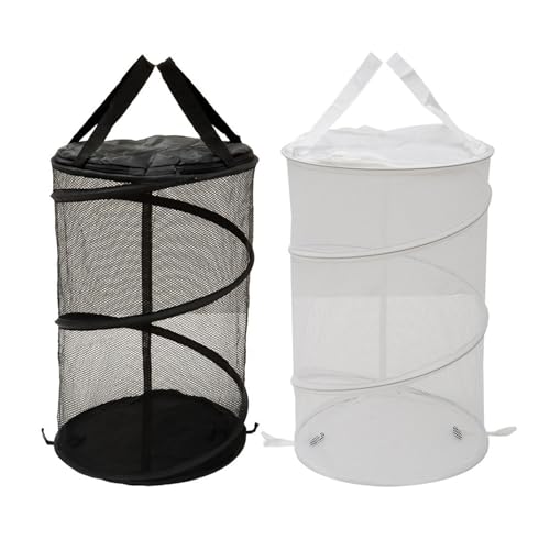 hobbyme 2PCS Large Collapsible Round Popup Laundry Hamper with Lid,Foldable Mesh Hamper with Reinforced Handles and Solid Bottom,White and Black Laundry Basket