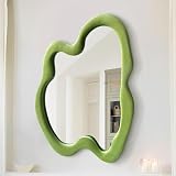 Irregular Mirror, Asymmetrical Wall Mirror, 20' x 28' Green Wavy Mirror with Flannel Wrapped Wooden Frame, Modern Decorative Mirror for Living Room, Entryway, Bedroom, Dining Room, Living Room