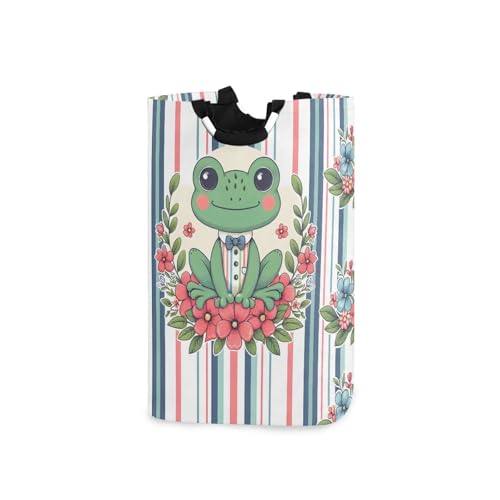 Jihqo Laundry Hamper Basket Frog and Stripes Collapsible Nursery Storage Bin Waterproof Clothing Baskets for Home Bedroom Bathroom Washing Room