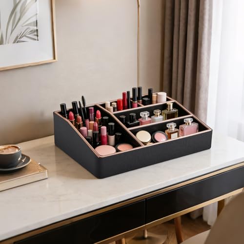 Image of PU Leather Makeup Organizer Tray,Large Vanity Organizer,Cosmetic Storage Box for Lipstick Brushes Skincare Perfume,Cosmetic Display Case Rose Gold-trimmed for Dresser,Bathroom Countertop(Black)