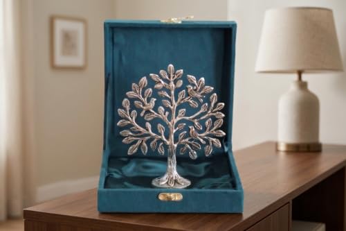 Image of Metal Kalpavriksha Tree for Home Decor - Golden Wish Fulfilling Tree Metal Showpiece for Temple, Vastu, Office Table & Gifting Banyan (No 0 Silver with Box)