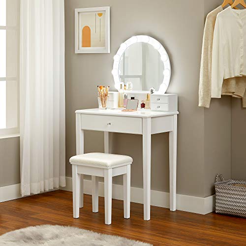 VASAGLE kaptafel met spiegel, make up tafel met 10 dimbare lampen,kruk, 5 laden, 70 x 40 x 134 cm, wit RDT151W01 - Image 3