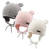 XIAOHAWANG Baby Wintermütze Jungen Mädchen Warmer Strickmützen Weicht Baumwolle-Futter mit Süße Bärenohren Winter Babymütze(Weiß+Rosa+Grau, S)