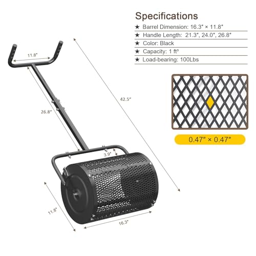 Heavy Duty Compost Spreader z łopatą, 1 Cu Ft Metal Mesh Barrel, ergonomiczny U-Handle & Side Latches do peat Moss Fertilizer Seed Garden Lawn Care, odporna na rdzę trwała konstrukcja