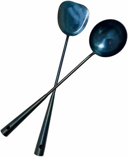 Juego de herramientas de wok de espátula y cucharón hechos a mano, cucharón y espátula de hierro chino, utensilios de wok de 15.8 pulgadas