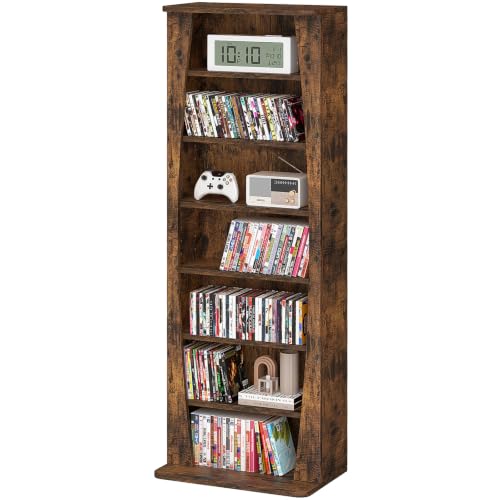 7 Tier Arched DVD Shelf, DVD Rack with Adjustable Shelves, Brown | Media Storage Cabinet for CDs & Movies, Media Shelf,Free Standing CD Rack Tower Bookcase or Living Room & Home Office