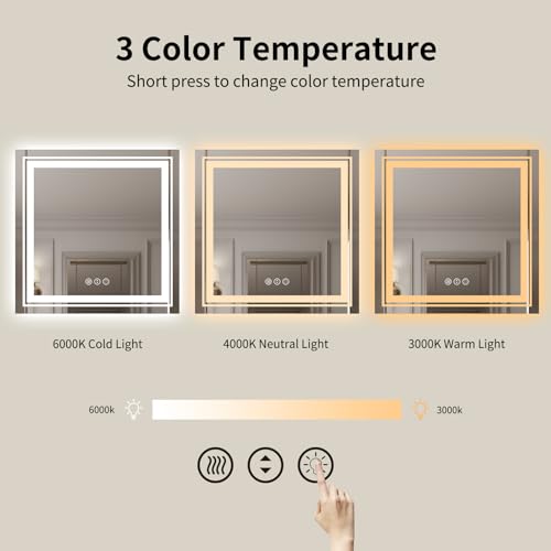Image of WTTY LED Bathroom Mirror 36 inchx36 inch with Backlit and Front Light,Stepless Dimmable LED Mirror for Bathroom,Anti-Fog Lighted Bathroom Vanity Mirror Modern,Memory Function,Shatter-Proof