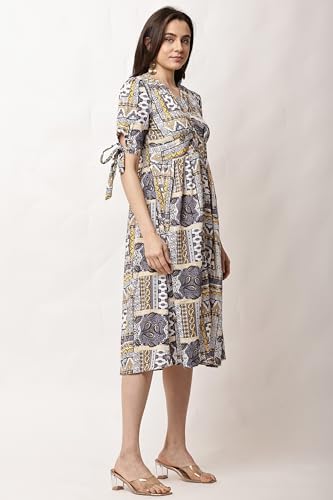 Image of JUSTHER Women's Jaipuri Ethnic Motif Print Fit and Flare Dress | V-Neck A-Line Midi Frock