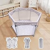 ベビーサークル 折りたたみ 扉 マット付き 星柄 プレイヤード メッシュ 六角形 コンパクト 洗える たためる 省スペース 持ち運び便利 収納バッグ付き ベビー用品 赤ちゃん リビング 寝室 12-YEWL-02G-DC