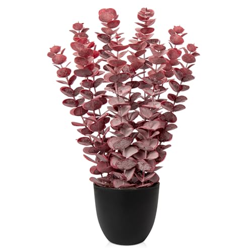 Briful Kunstpflanze Eukalyptus Rot Künstliche Pflanze Wie Echt Zimmerpflanzen Dekopflanzen im Schwarzen Topf, Höhe 40 cm