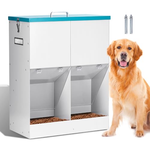 Alimentación automática para perros por gravedad para 2 perros - No requiere montaje, capacidad de 46 libras, dispensador de comida para perros de metal galvanizado de raza grande, alimentador doble