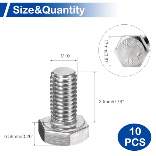 Image of MroMax 10Pcs M10-1.5 Hex Bolts, M10 x 20mm Hex Head Screws Bolts | 304 Stainless Steel 18-8, Fully Threaded, External Hex Drive, for Medium Panel Fixing and Equipment Guard Installation,
