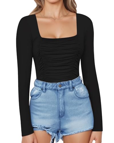 Image of MANGOPOP Womens Square Neck Ruched Double Lined Long Sleeve Bodysuit Tops Jumpsuit, Black, Large