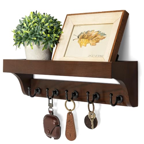Image of Walnut Wood Key Holder Wall Mount for Room Decor and Organization, Brown | Key Holder for Wall with Shelf for Plants & Cute Things,5 Sturdy Key Hooks,Can Also Hang Dog Leashes,Ideal for Home Decor