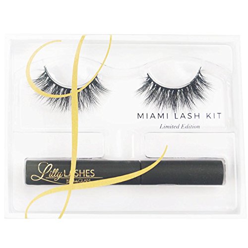 Lilly Lashes 3D Mink Miami Lash Kit | False Eyelashes | Latex Free | Brush On Adhesive | Dramatic Look and Feel | Reusable | Non-Magnetic | 100% Handmade & Cruelty-Free