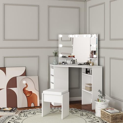 Panana Corner Dressing Table with LED Light, Vanity Table with 5 Drawers and Stool, Makeup Table for Home Furnature (White-Bulb) - Cosy Home Interiors Panana Corner Dressing Table with LED Light, Vanity Table with 5 Drawers and Stool, Makeup Table for Home Furnature (White-Bulb) - Image 2