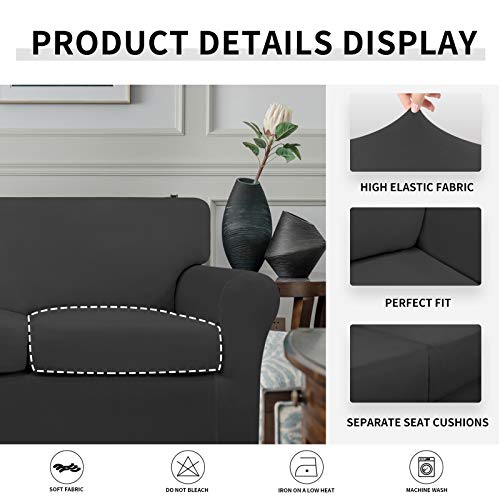 Image of Easy-Going 4 Pieces Oversized Stretch Soft Couch Cover for Dogs - Washable Sofa Slipcover for 3 Separate Cushion Couch - Elastic Furniture Protector for Pets, Kids Dark Gray | Sectional Sofa Slipcover for 3 Separate Cushion Couch - Elastic Furniture Protector for Pets, Kids Dark Gray