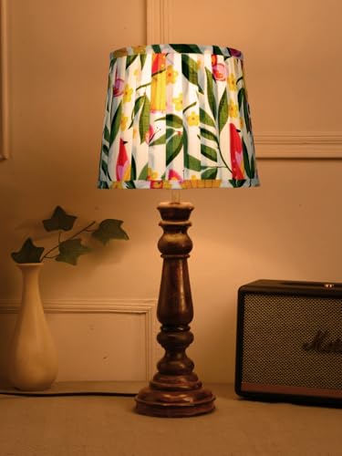 Image of Green Girgit Classic Wooden Lamp in Walnut Brown Color with Pleeted Yellow Leaves Shade, Vintage Wooden Table Lamp with Pleeted Shade, Decorative Light for Bedroom (LED Bulb Included)