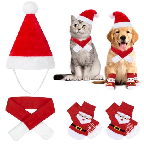 MELLIEX 3 Peças Fantasia de Natal para Gato e Cão com Gorro Natalino Lenço Vermelho Meias para Animais de Estimação Roupa de Natal para Gatos e Cães Pequenos