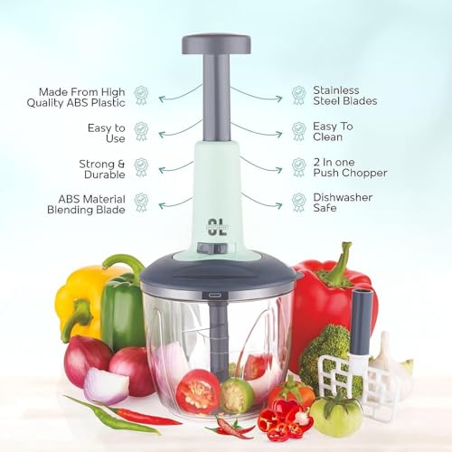 Image of Manual Hand Push Vegetable Chopper for Kitchen Use 1000 ml | Plastic Body & Stainless Steel Blade | Onion Cutter for Ginger, Garlic, Salad, Tomato, Potato | BPA Free | Pack of 1