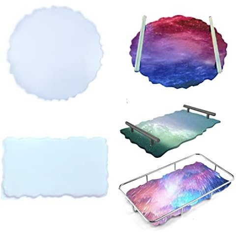 Silicone Resin Tray Mold, 14 Inch Large Rectangle Geode Agate Silicone Tray Mold and 13 inch Irregular Shaped Round Resin Geode Tray Molds for Resin Craft Tray,Serving Board Cover