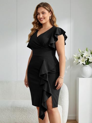 Image of Miusol Women's Plus Size Vintage V Neck Ruffles Sleeve Bodycon Business Cocktail Party Pencil Dress