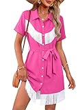 MYMORE Womens Western Country Fringe Dress Cowgirl Formal Short Sleeve Button Down Tassel Dresses Dolly Cowboy Parton Rodeo Nashville Country Concert Outfits Wear Clothing Costume Pink L