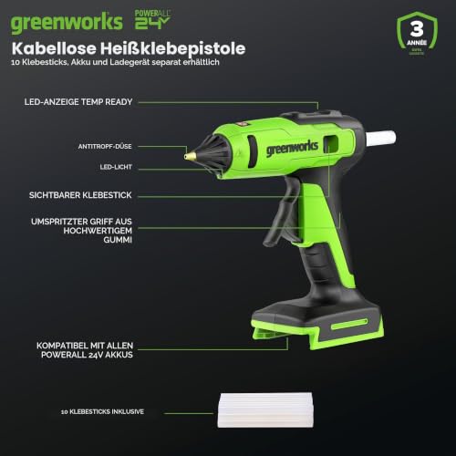 Greenworks 24V Heißklebepistole kabellos 90 Sek Aufheizzeit LED-Beleuchtung – Ansicht 2
