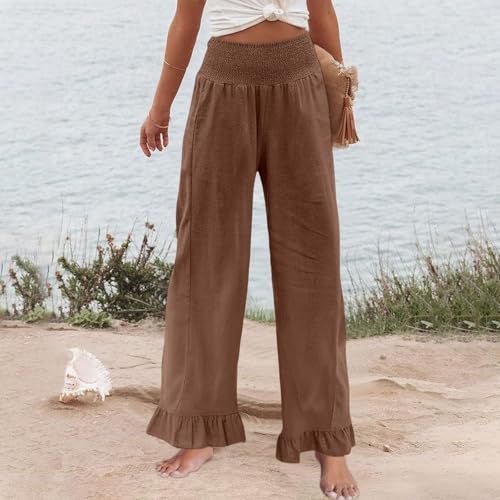 Image of Palazzo Pants for Women Linen Smocked Elastic Waist Ruffle Wide Leg Pants Summer Beach Flowy Boho Pant with Pockets