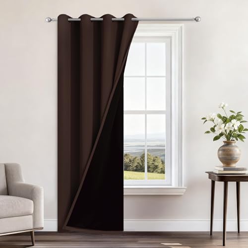 Image of Yakamok Chocolate Brown Blackout Curtains 84 Inches Long 52 inch Wide, 1 Panel | Blackout Curtain Panels for Bedroom, 2 Thick Layers Grommet Top Thermal Insulated Drapes with Black Liner for Living Room