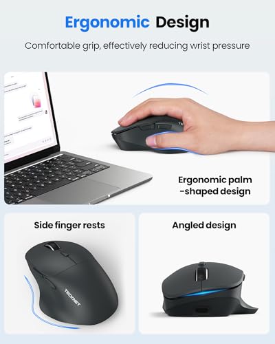 Image of TECKNET Wireless Mouse Bluetooth 5.0 /3.0 & 2.4G Rechargeable, Silent Clicks, Adjustable 4800 DPI, 6 Buttons, Ergonomic Design, Bluetooth Mouse for Laptop, Computer, ipad - Gray