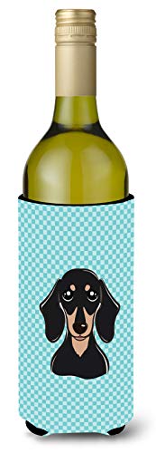 Caroline's Treasures BB1153LITERK Checkerboard Blue Smooth Black and Tan Dachshund Wine Bottle Hugger Bottle Cooler Sleeve Hugger Machine Washable Collapsible Insulator Beverage Insulated Holder