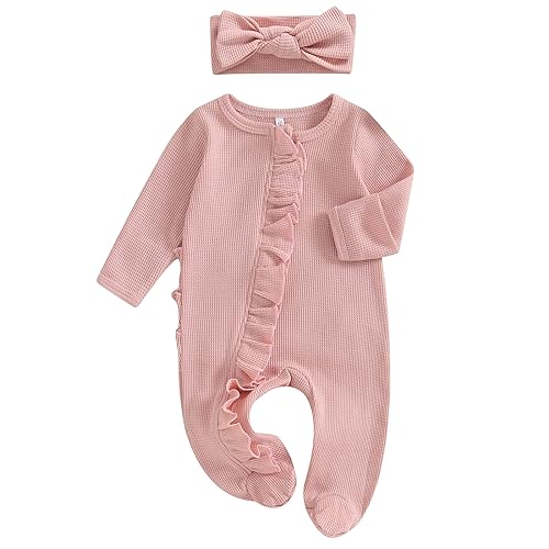Image of Ayalinggo Newborn Baby Girl Fall Winter Outfits Clothes Knit Jumpsuit Ruffle Romper Newborn Coming Home Outfit for Baby Girl
