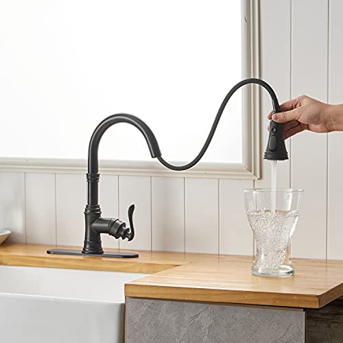 Bathfinesse Matte Black Kitchen Faucet With Pull Down Sprayer 3 Function Faucet For Kitchen Sink Single Handle High Arc Commercial Pull Out Spray Head Rv Kitchen Faucet Gooseneck Deck Plate Include #TOP7
