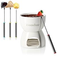 COM-FOUR® Set per fonduta di cioccolato Premium - ciotola in ceramica con portacandela e 4 forchette - crogiolo per cioccolato e formaggio - crogiolo - ciotola per dessert per 4 persone (bianco)