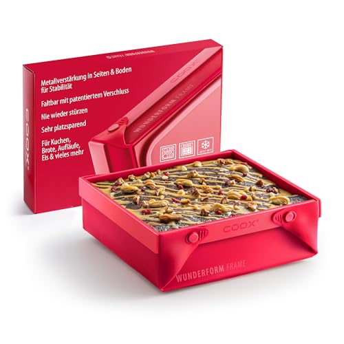 coox WUNDERFORM Frame SQ - die faltbare Kastenform mit Metallverstärkung - Backen & Servieren in Einem I Antihaft-Silikon I Spülmaschinenfest I Kein Stürzen I BPA-frei Rot