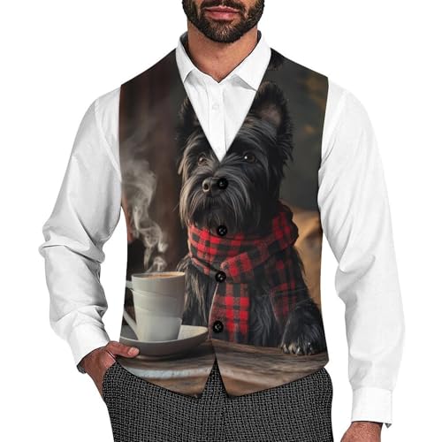 Cute Scottish Terrier Dog Men's Suit Vests Dress Vest V-Neck Waistcoat Slim Business Formal with Pocket