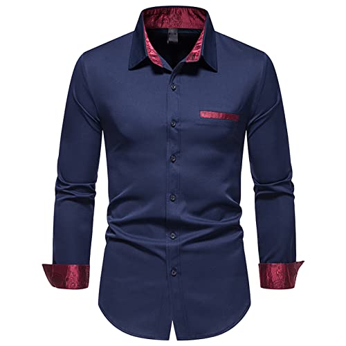 Men's Business Stitching Shirt Button Shirts for Wedding Party Prom Inner Contrast Formal Classic Casual Shirts