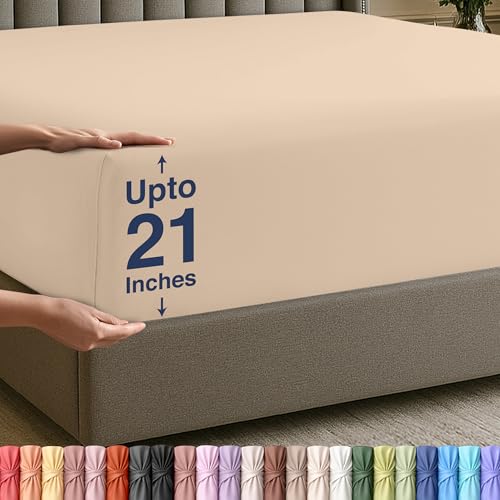 Image of Utopia Bedding Extra Deep Pocket Queen Fitted Sheet, Fits up to 21 Inch Mattress - Hotel Luxury, Soft, Breathable and Comfy - Shrinkage and Fade Resistant - Easy Care (Beige)