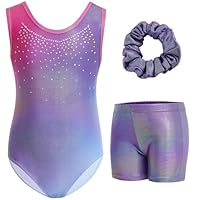 Gogokids Dreiteiliges Gymnastikanzug-Set für Mädchen, ärmellos, mit Shorts und Haarschleife, glitzernder Gymnastikanzug für Kinder mit Diamant-Details, Lila Farbverlauf., 150(140-150 cm,11-12Y)