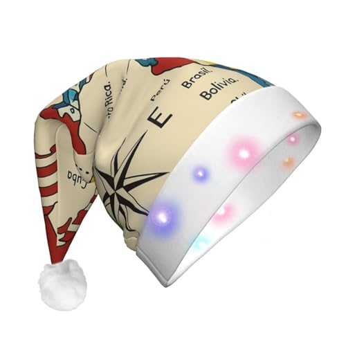 DUWAA Sombrero de Navidad iluminado con diseño de mapa de América, gorro de Papá Noel iluminado con tira de luz LED colorida para adultos