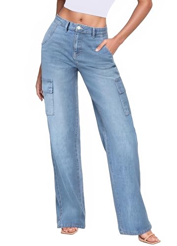 Hybrid & Company Women's Wide Leg Stretch Cargo Jeans, Casual Mid Rise Loose Denim Pants with Pockets