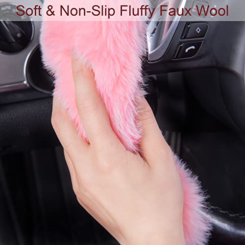Car Pass Fluffy Steering Wheel Cover, Segmented Pink Fur Wheel Protector Non-Slip Soft Faux Wool Car Accessories, Universal Fit For Winter Warm 14.5" To 16" Steering Wheels For Women Girl, 2Pcs Pink #TOP1
