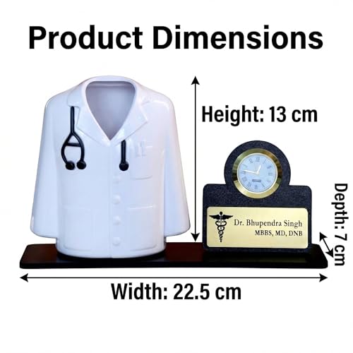 Image of Medical Theme Desk Organizer with clock - personalized gift to a doctor Pen Stand | Unique Apron /Coat Shape Pencil Holder | A gift to doctors female, male & Medical Aspirants