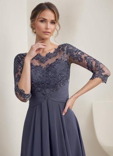 Image of GDJDIFK Chiffon Mother of The Bride Dresses - 3 /4 Sleeve Lace Applique Ruched Tea Length Formal Dress for Women Red