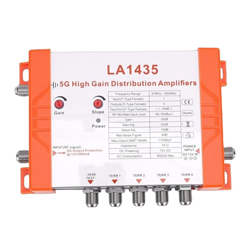 Bewinner Amplificador de Distribución de TV de 4 Vías de Alta Ganancia con Filtro 5G LTE, Ganancia de 35 DB para Varios Televisores, 1 Entrada y 4 Salidas Tipo F, Compatible con RED (Enchufe de la UE)