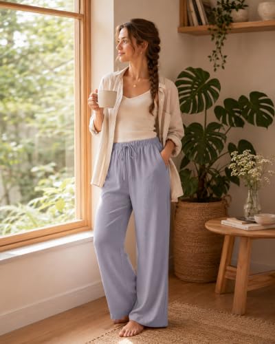 Image of ZOOSIXX Wide Leg Pants for Women - Palazzo Flowy Lounge Lightweight Summer Drawstring Trousers with Pockets Beach Vacation